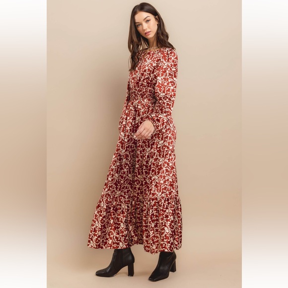 Boho Floral Printed Satin Tiered Maxi Dress - Picture 4 of 5